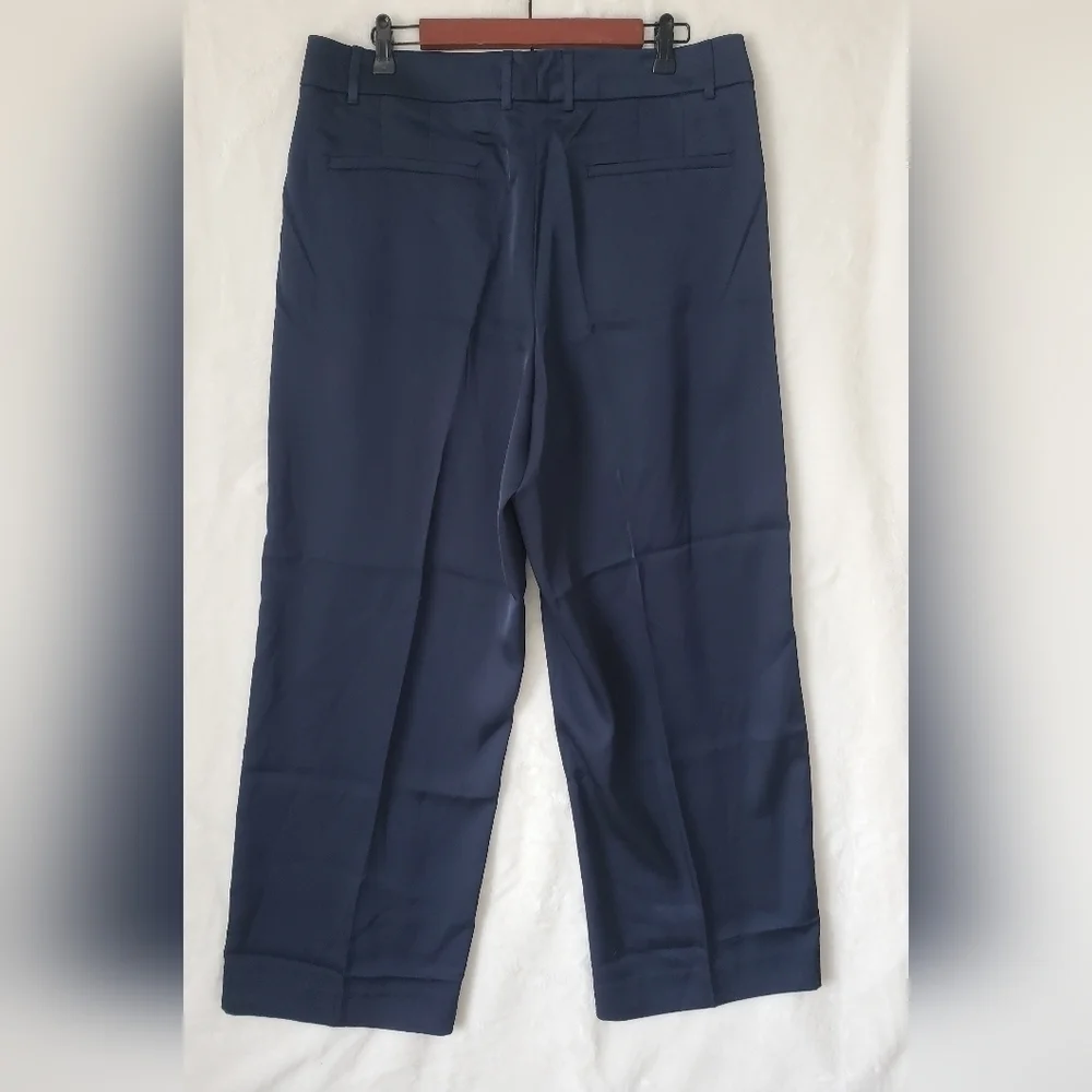 Banana Republic SILKY Relaxed Wide Leg Pleated Navy Blue Trousers Size 14 RT$120